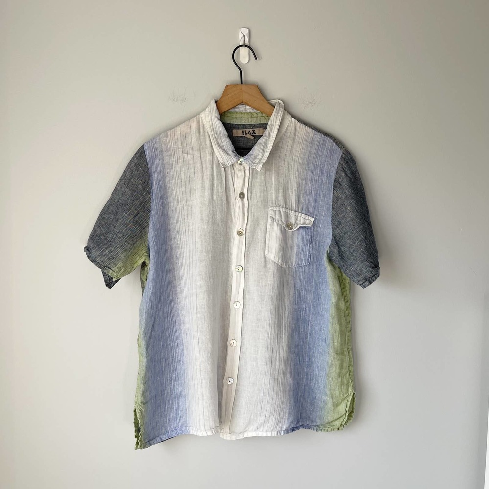 FLAX Women's Blue Green Multicolor 100% Linen Shirt Shell Buttons Size Medium